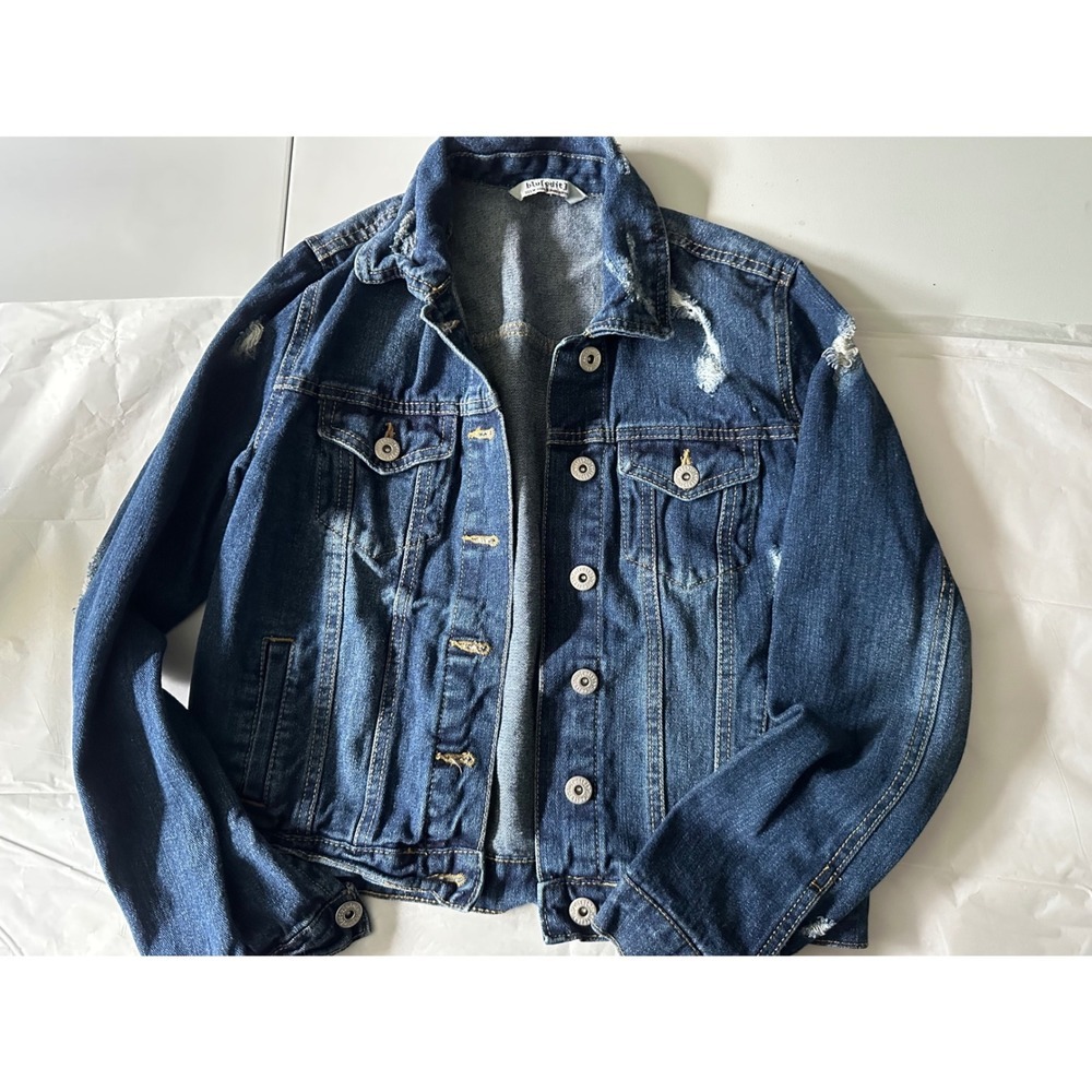 Blu Edit Womens Distressed Denim Jacket Dark Wash Button Front Trucker Size M